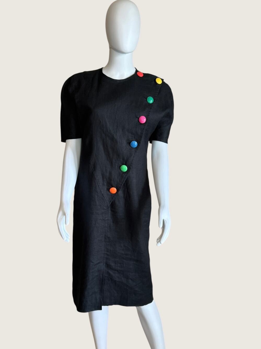 Vintage Black Linen Midi Dress Colorful Button Detail Short Sleeve